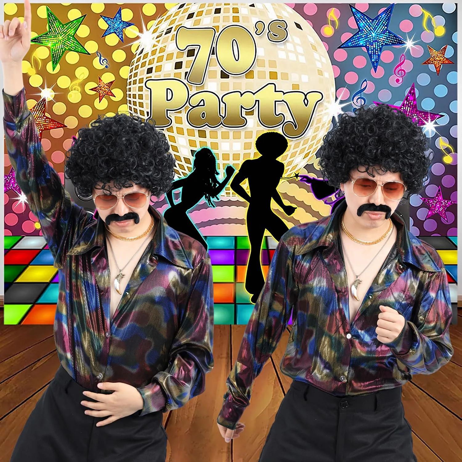 6pcs Set 70s 80s Disco wig with Mustache Glasses Artificial Wolf Necklace Gold Chain Short Curly Synthetic Hair Afro Mens Wig for 60s Rocker Hippies Costume Cosplay Halloween Party (Black)