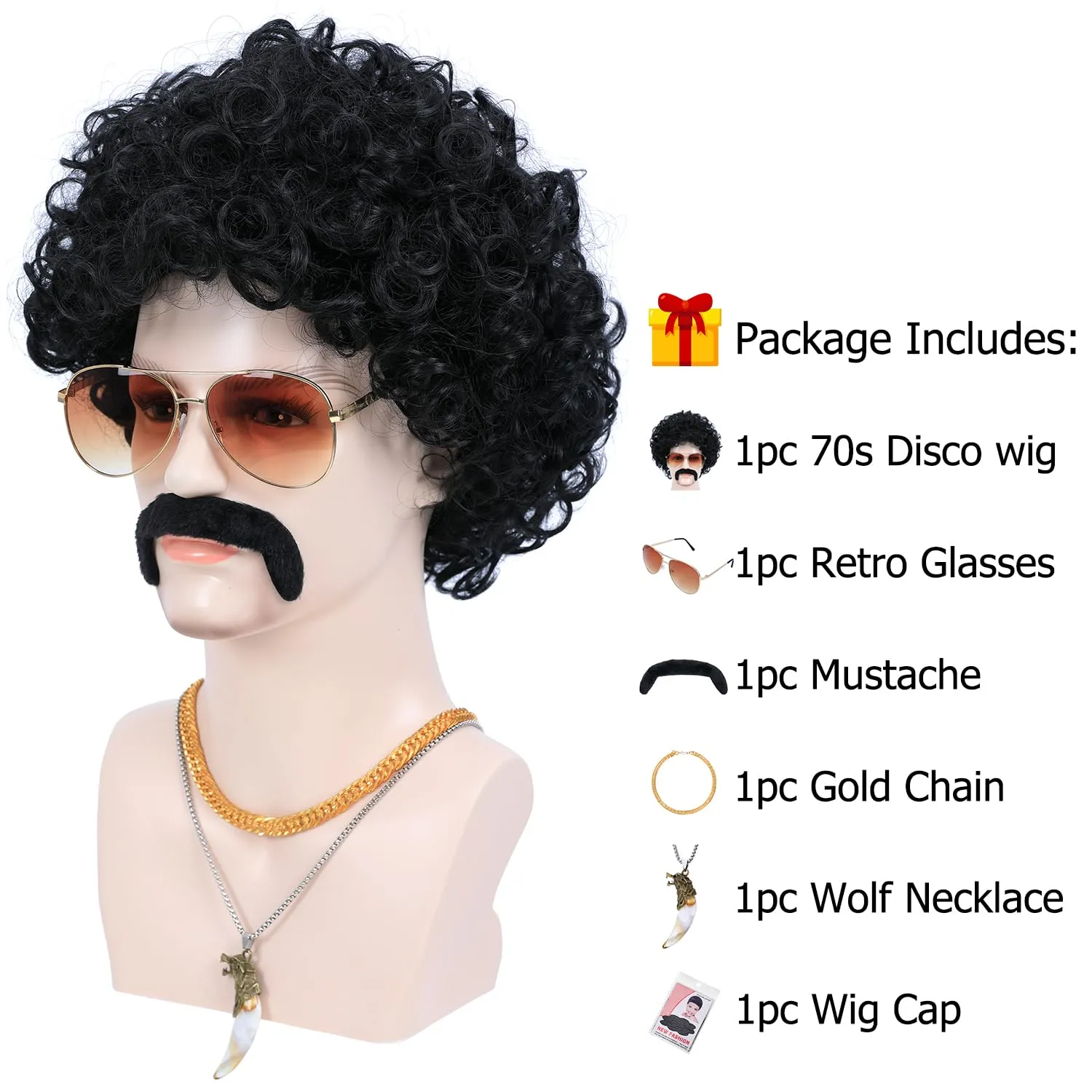 6pcs Set 70s 80s Disco wig with Mustache Glasses Artificial Wolf Necklace Gold Chain Short Curly Synthetic Hair Afro Mens Wig for 60s Rocker Hippies Costume Cosplay Halloween Party (Black)