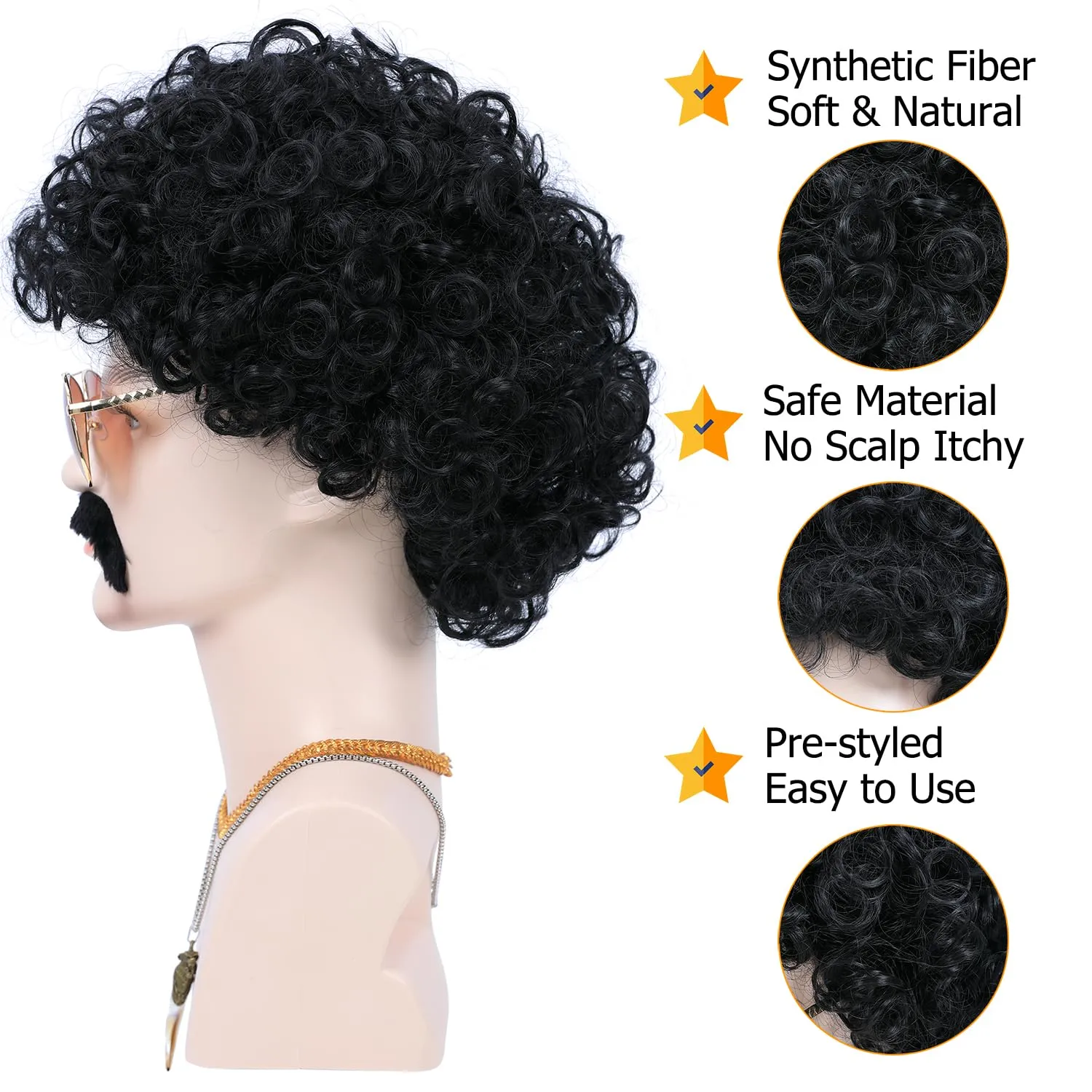 6pcs Set 70s 80s Disco wig with Mustache Glasses Artificial Wolf Necklace Gold Chain Short Curly Synthetic Hair Afro Mens Wig for 60s Rocker Hippies Costume Cosplay Halloween Party (Black)