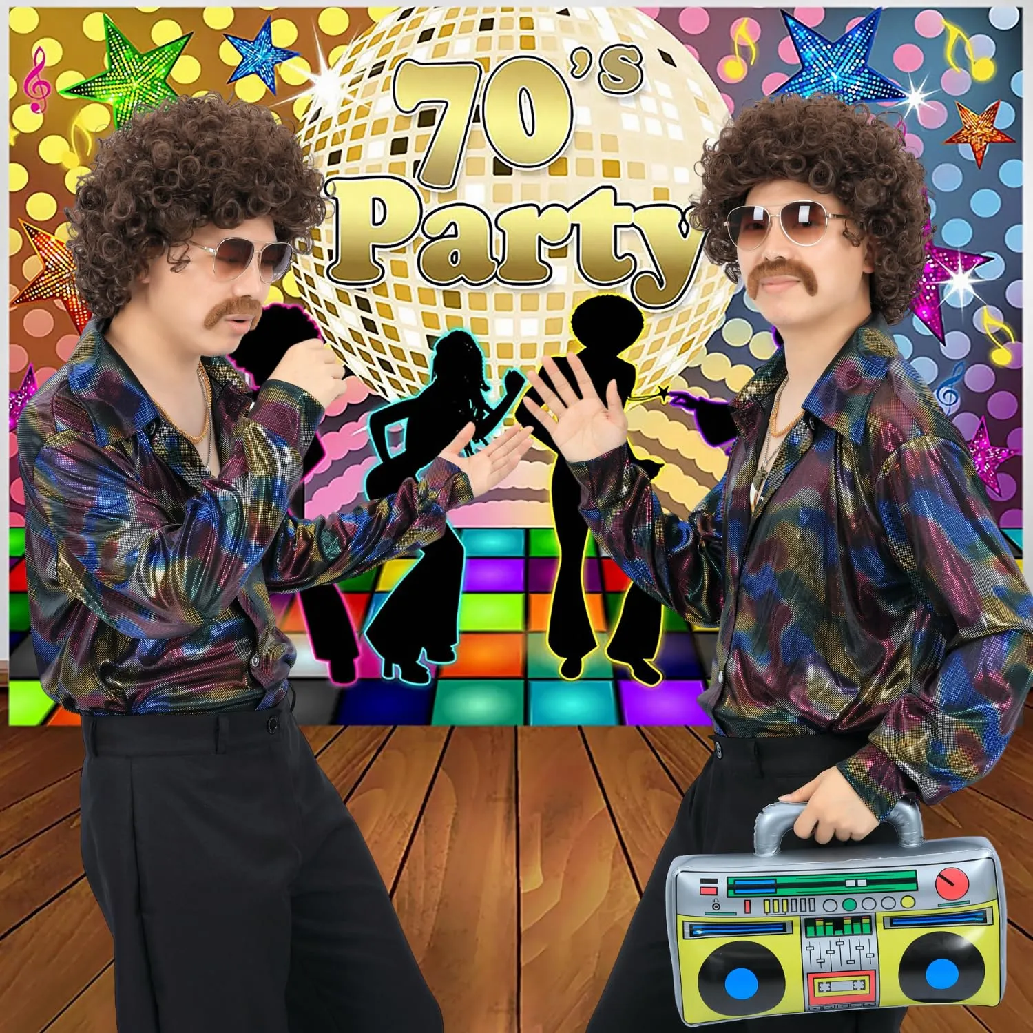 6pcs Set 70s 80s Disco wig with Mustache Sunglasses Necklace Golden Chain Short Curly Synthetic Hair Afro Mens Wig for 60s Rocker Hippies Costume Cosplay Halloween Party (Dark Brown)