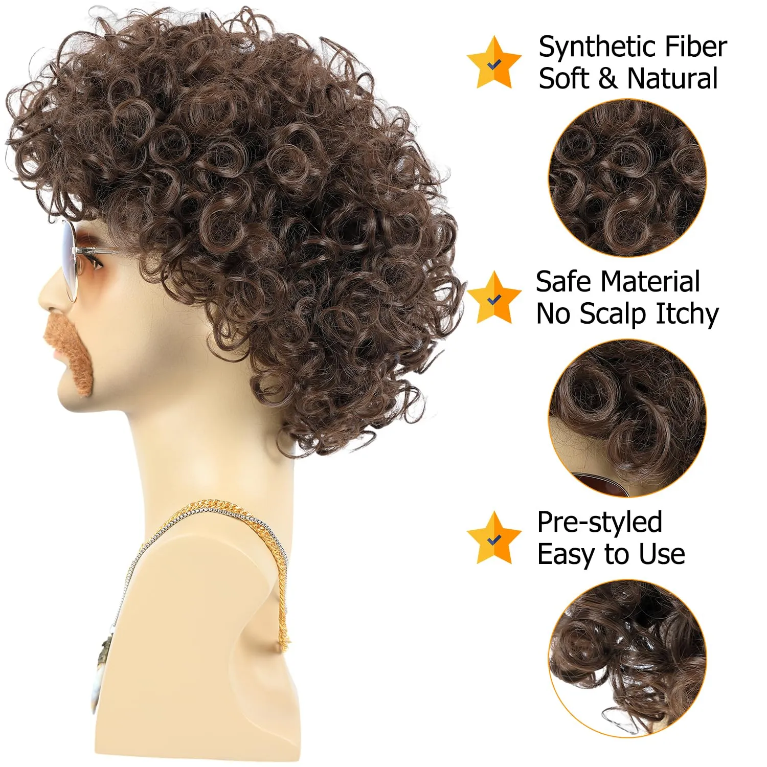 6pcs Set 70s 80s Disco wig with Mustache Sunglasses Necklace Golden Chain Short Curly Synthetic Hair Afro Mens Wig for 60s Rocker Hippies Costume Cosplay Halloween Party (Dark Brown)