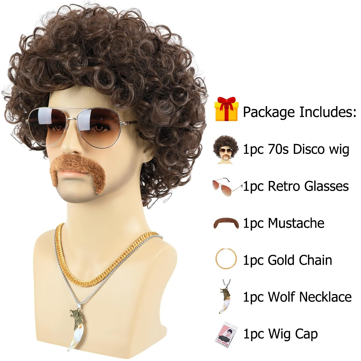 6pcs Set 70s 80s Disco wig with Mustache Sunglasses Necklace Golden Chain Short Curly Synthetic Hair Afro Mens Wig for 60s Rocker Hippies Costume Cosplay Halloween Party (Dark Brown)