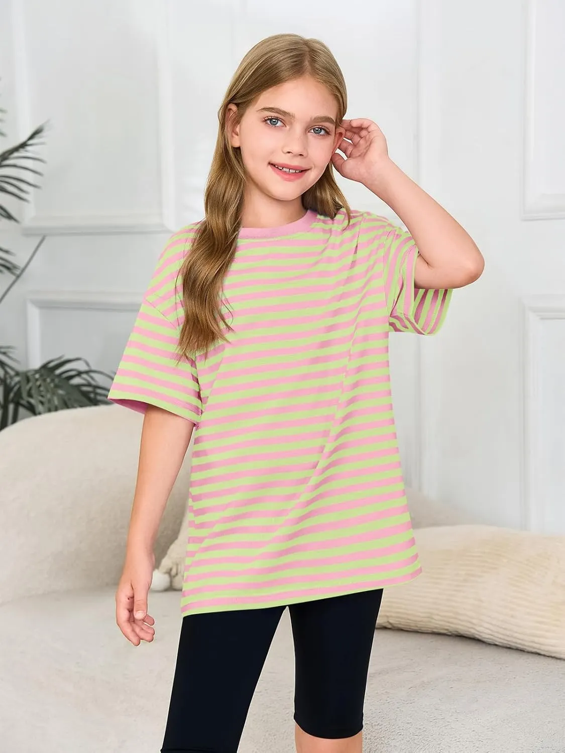 Haloumoning Girls Striped Short Sleeve T Shirts Kids Summer Oversized Tops Casual Crewneck Tees 5-14 Years