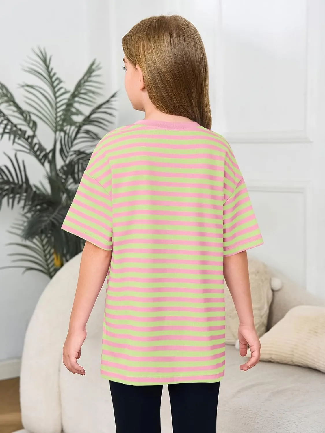 Haloumoning Girls Striped Short Sleeve T Shirts Kids Summer Oversized Tops Casual Crewneck Tees 5-14 Years