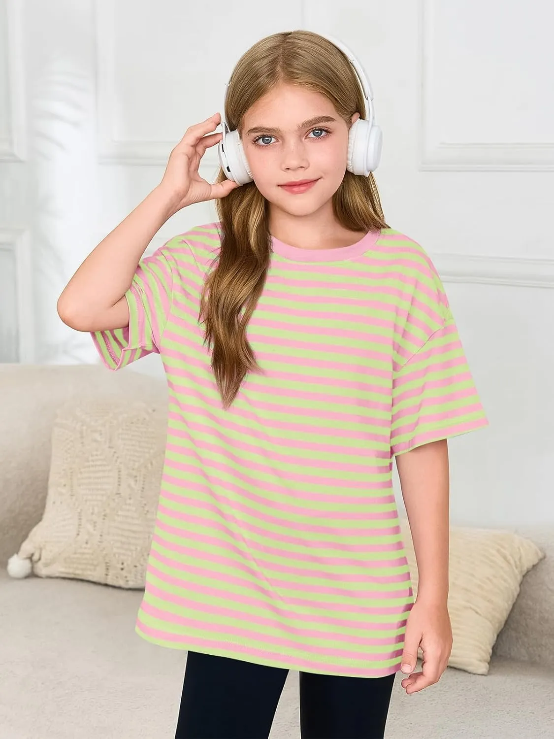 Haloumoning Girls Striped Short Sleeve T Shirts Kids Summer Oversized Tops Casual Crewneck Tees 5-14 Years