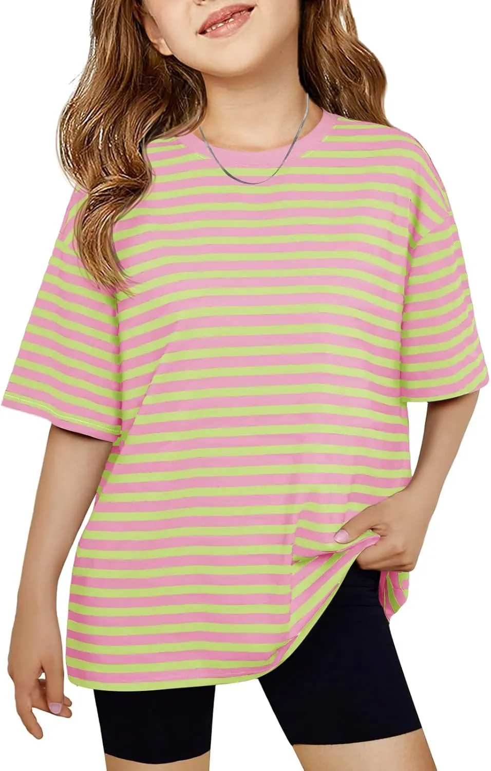 Haloumoning Girls Striped Short Sleeve T Shirts Kids Summer Oversized Tops Casual Crewneck Tees 5-14 Years