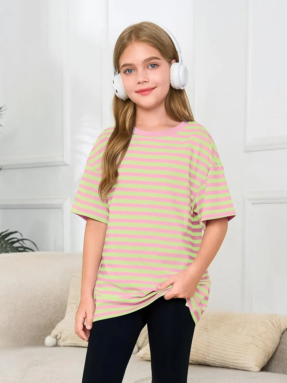Haloumoning Girls Striped Short Sleeve T Shirts Kids Summer Oversized Tops Casual Crewneck Tees 5-14 Years