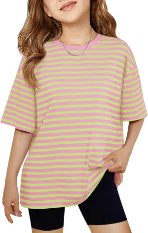 Haloumoning Girls Striped Short Sleeve T Shirts Kids Summer Oversized Tops Casual Crewneck Tees 5-14 Years