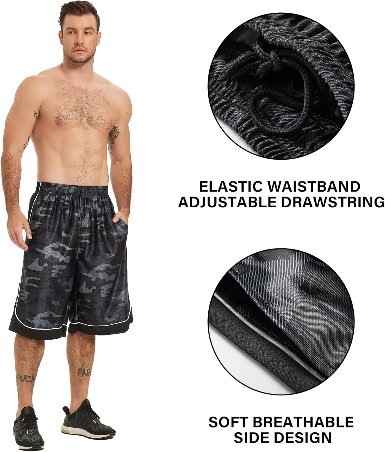 HQUEC Men's 12" Athletic Shorts Long Basketball Workout Shorts Below Knee Loose-Fit with Pockets