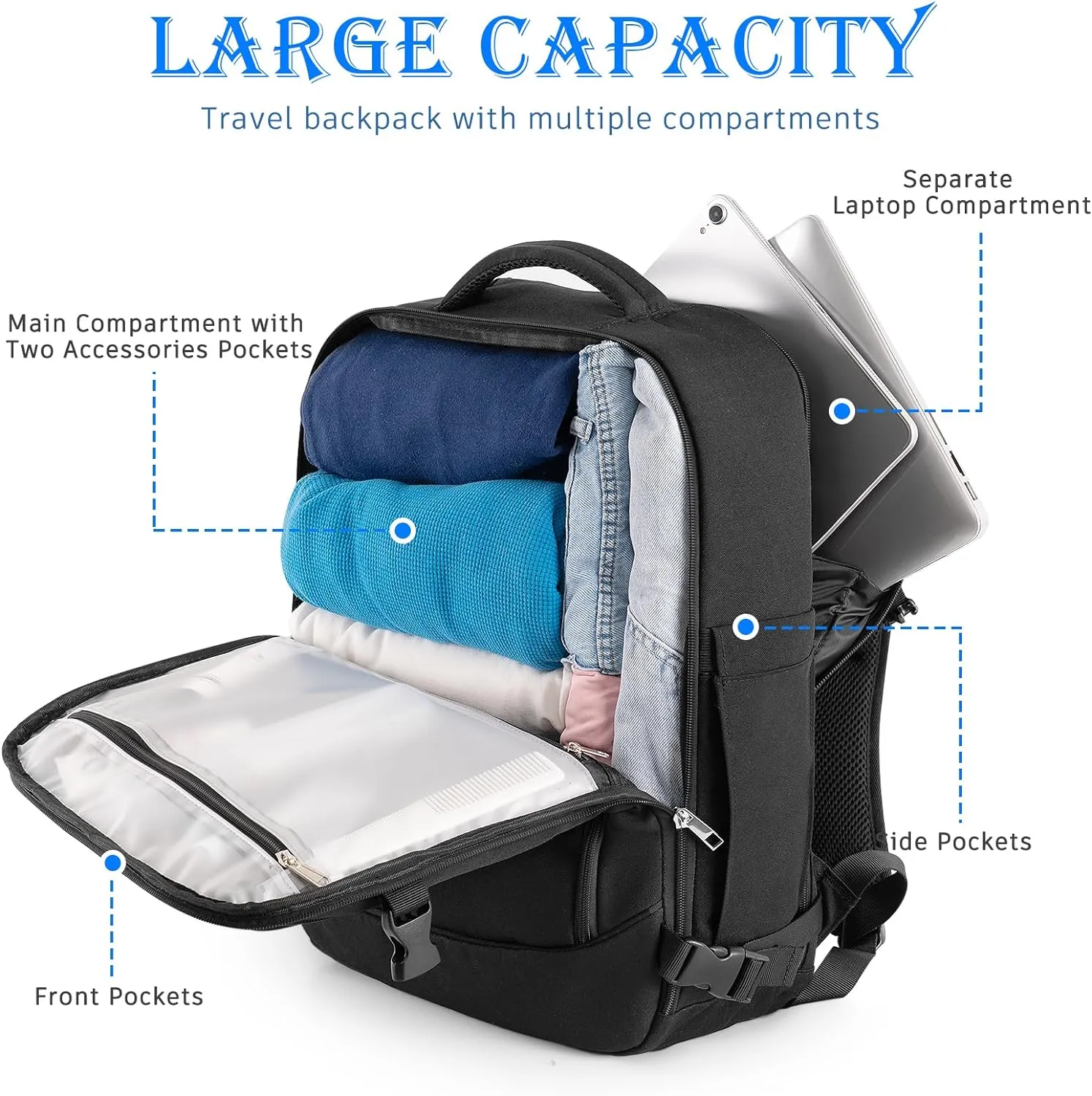 Large Backpack for Men Women, Travel Backpack Flight-approved Personal Item Size, 40L Carry on Backpack Casual Daypack, Black