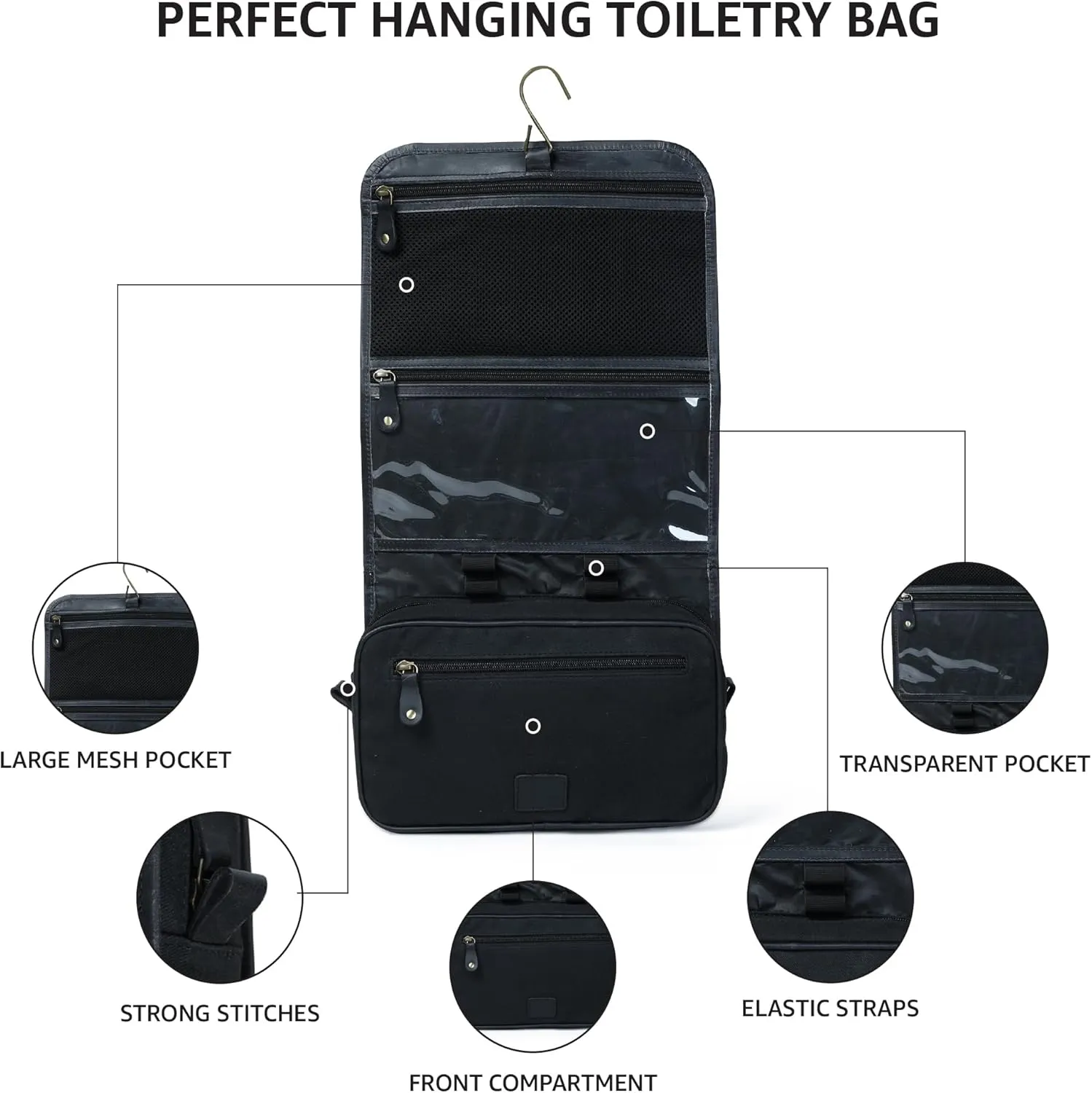LEATHER VILLAGE Hanging Leather Toiletry Bag for Men & Women, Handcrafted Vintage Cosmetic & Shaving Organizer Travel Dopp Kit Shower Bag - Black