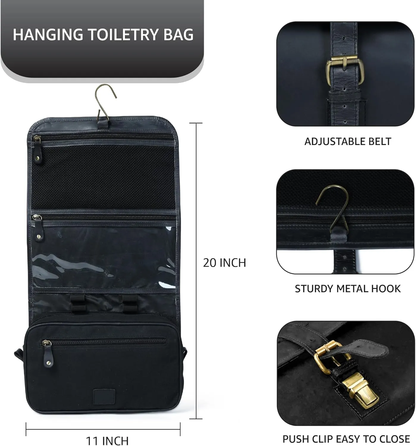 LEATHER VILLAGE Hanging Leather Toiletry Bag for Men & Women, Handcrafted Vintage Cosmetic & Shaving Organizer Travel Dopp Kit Shower Bag - Black