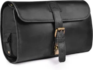 LEATHER VILLAGE Hanging Leather Toiletry Bag for Men & Women, Handcrafted Vintage Cosmetic & Shaving Organizer Travel Dopp Kit Shower Bag - Black