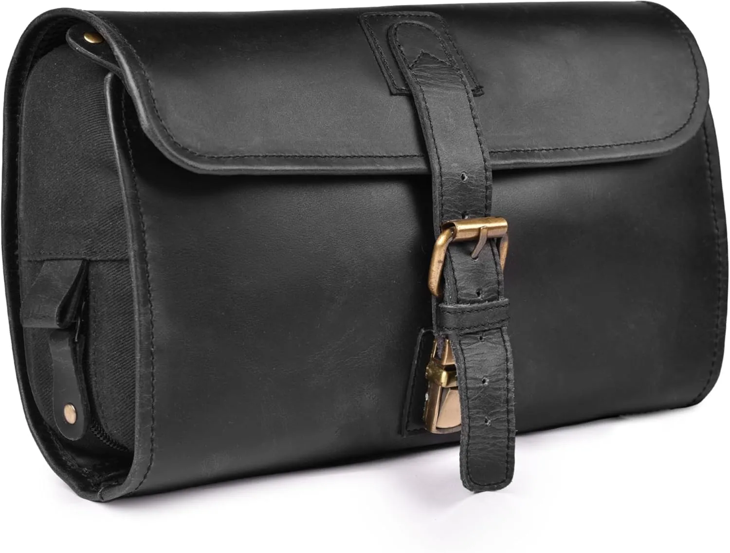 LEATHER VILLAGE Hanging Leather Toiletry Bag for Men & Women, Handcrafted Vintage Cosmetic & Shaving Organizer Travel Dopp Kit Shower Bag - Black