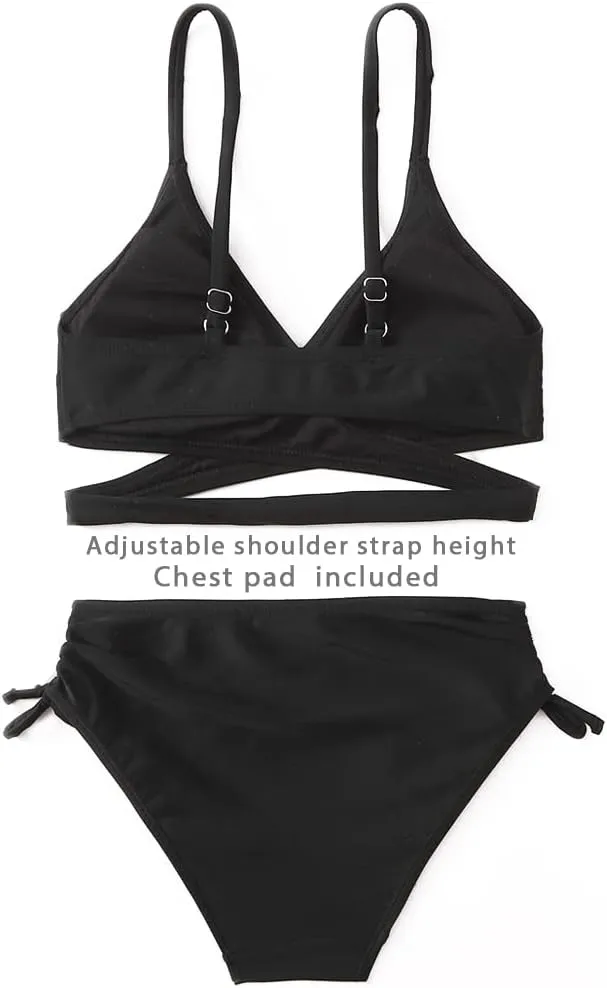 MIENOE Teen Girls' Swimsuits Two-Piece V-Neck Bikini Adjustable Shoulder Straps Swimsuit Kids Bikini with Chest Pad