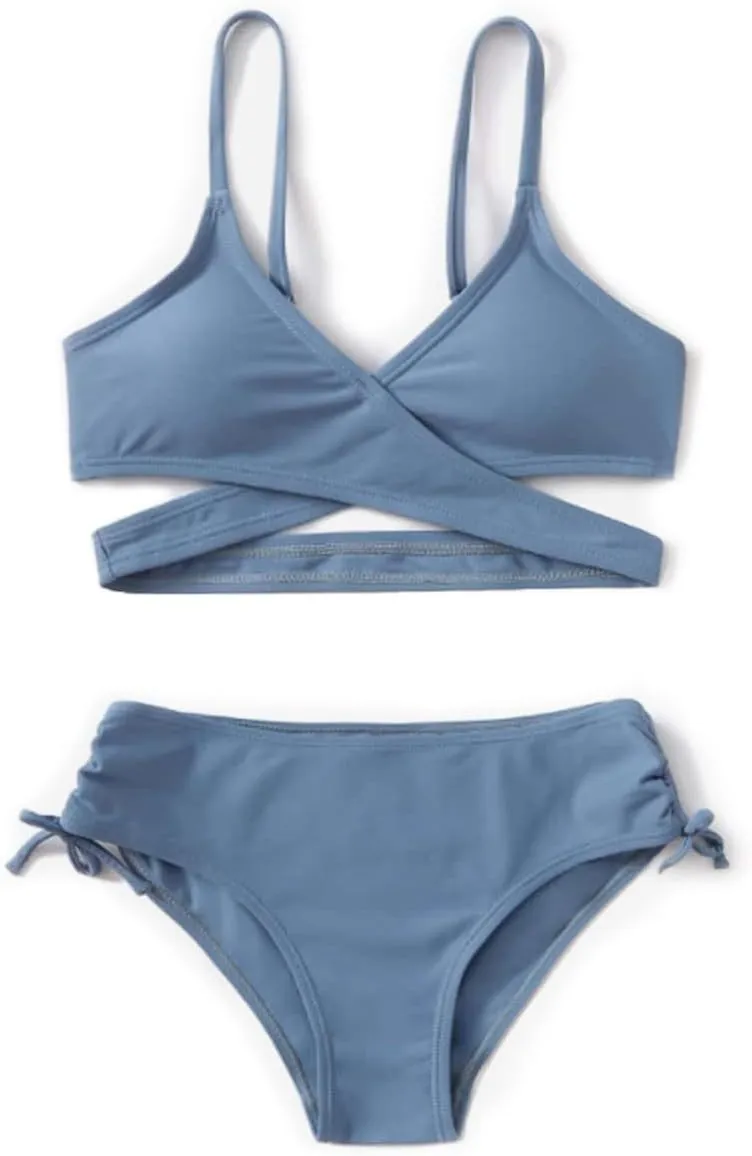 MIENOE Teen Girls' Swimsuits Two-Piece V-Neck Bikini Adjustable Shoulder Straps Swimsuit Kids Bikini with Chest Pad