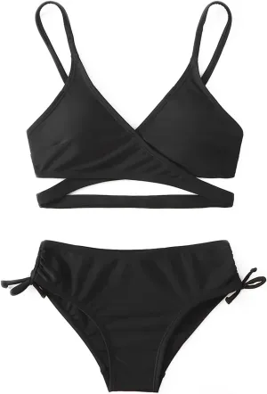 MIENOE Teen Girls' Swimsuits Two-Piece V-Neck Bikini Adjustable Shoulder Straps Swimsuit Kids Bikini with Chest Pad