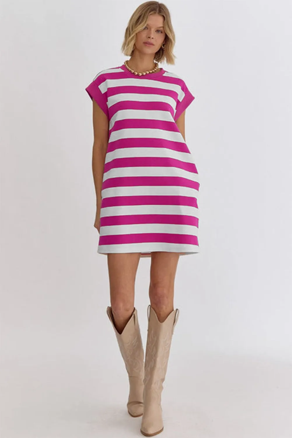 Rose Stripe Cap Sleeve Pocketed T-shirt Dress