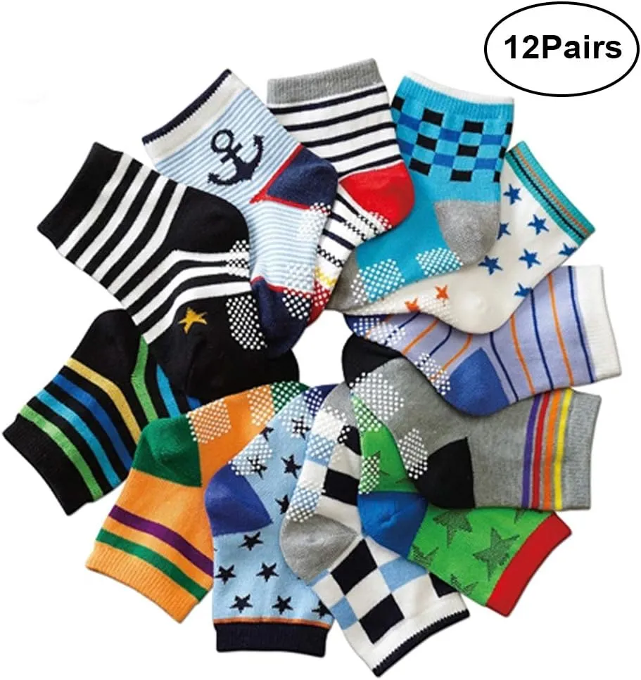 SkiBeaut Toddler Socks, Non Slip Kids Socks Boys Grips Socks Girls Grippy Socks for 1-3/3-5/5-7 Years Old,12 Pairs