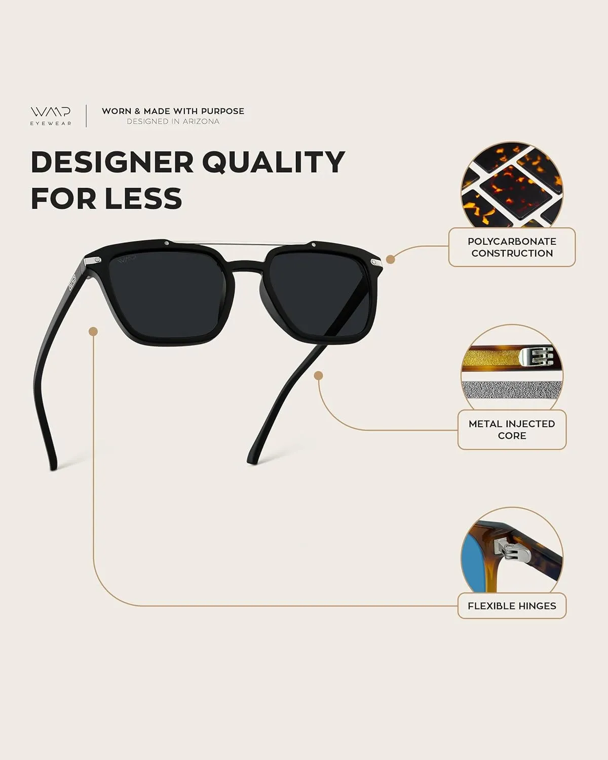 WMP Eyewear - Modern Men's Square Aviator Sunglasses - Double Metal Bridge with Polarized Lens