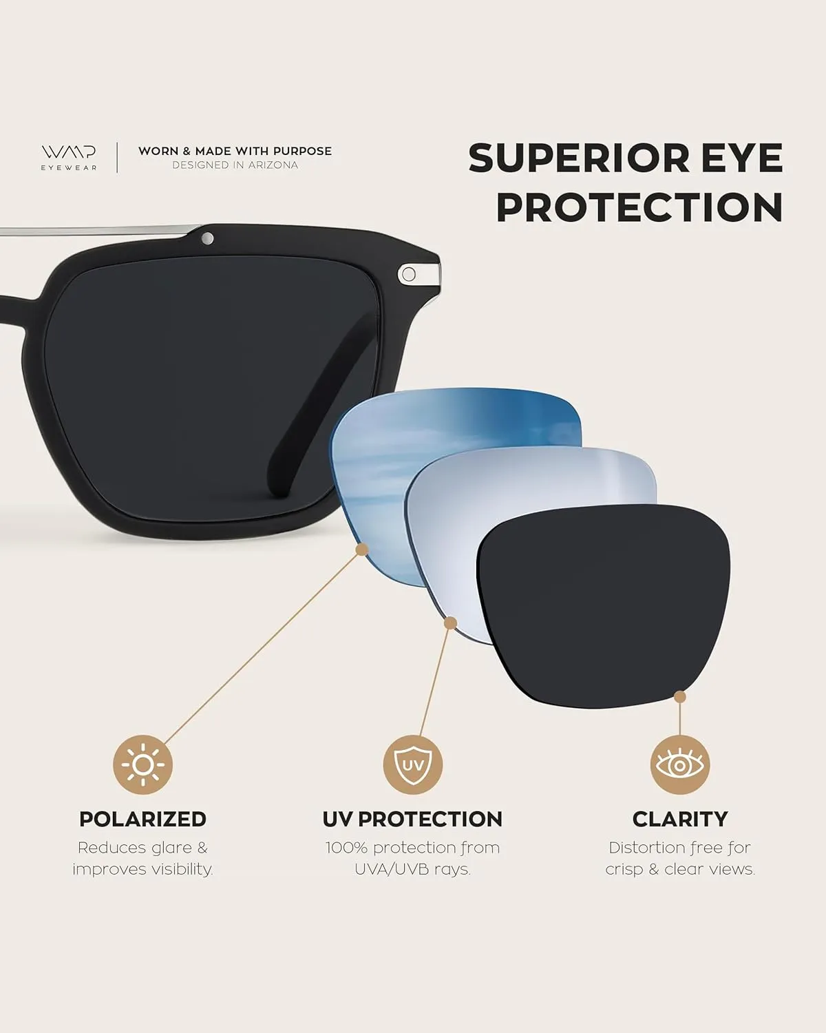 WMP Eyewear - Modern Men's Square Aviator Sunglasses - Double Metal Bridge with Polarized Lens
