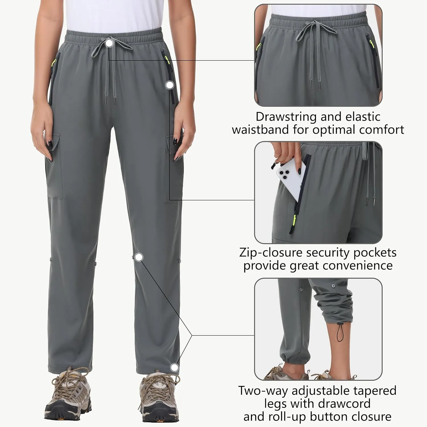 Women's Hiking Cargo Pants Quick Dry Lightweight Water Resistant UPF 50 Travel Athletic Pants with Zipper Pockets