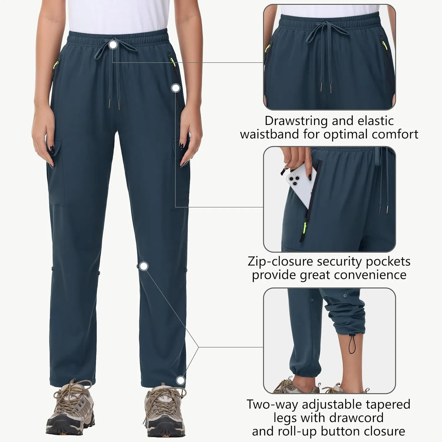 Women's Hiking Cargo Pants Quick Dry Lightweight Water Resistant UPF 50 Travel Athletic Pants with Zipper Pockets