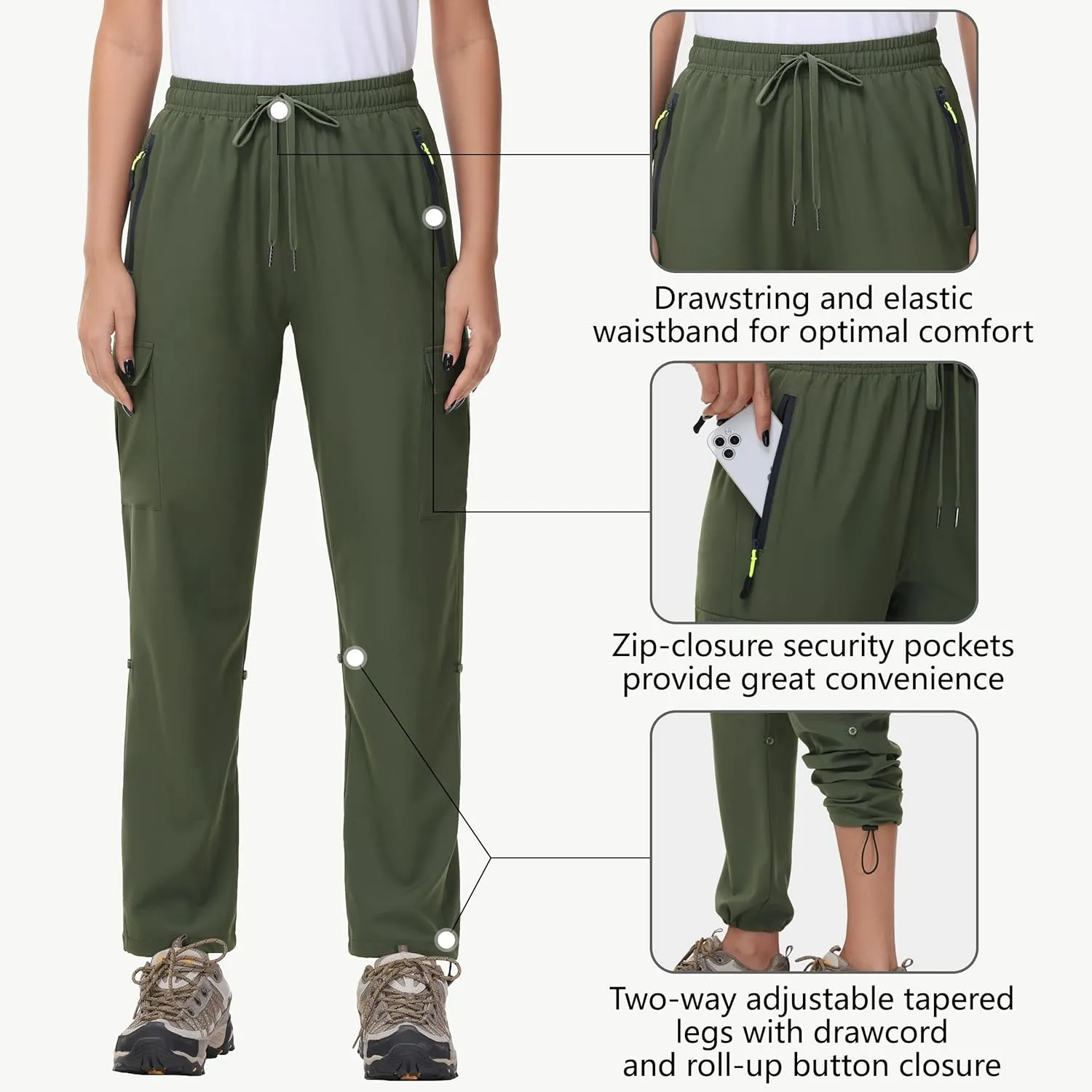 Women's Hiking Cargo Pants Quick Dry Lightweight Water Resistant UPF 50 Travel Athletic Pants with Zipper Pockets
